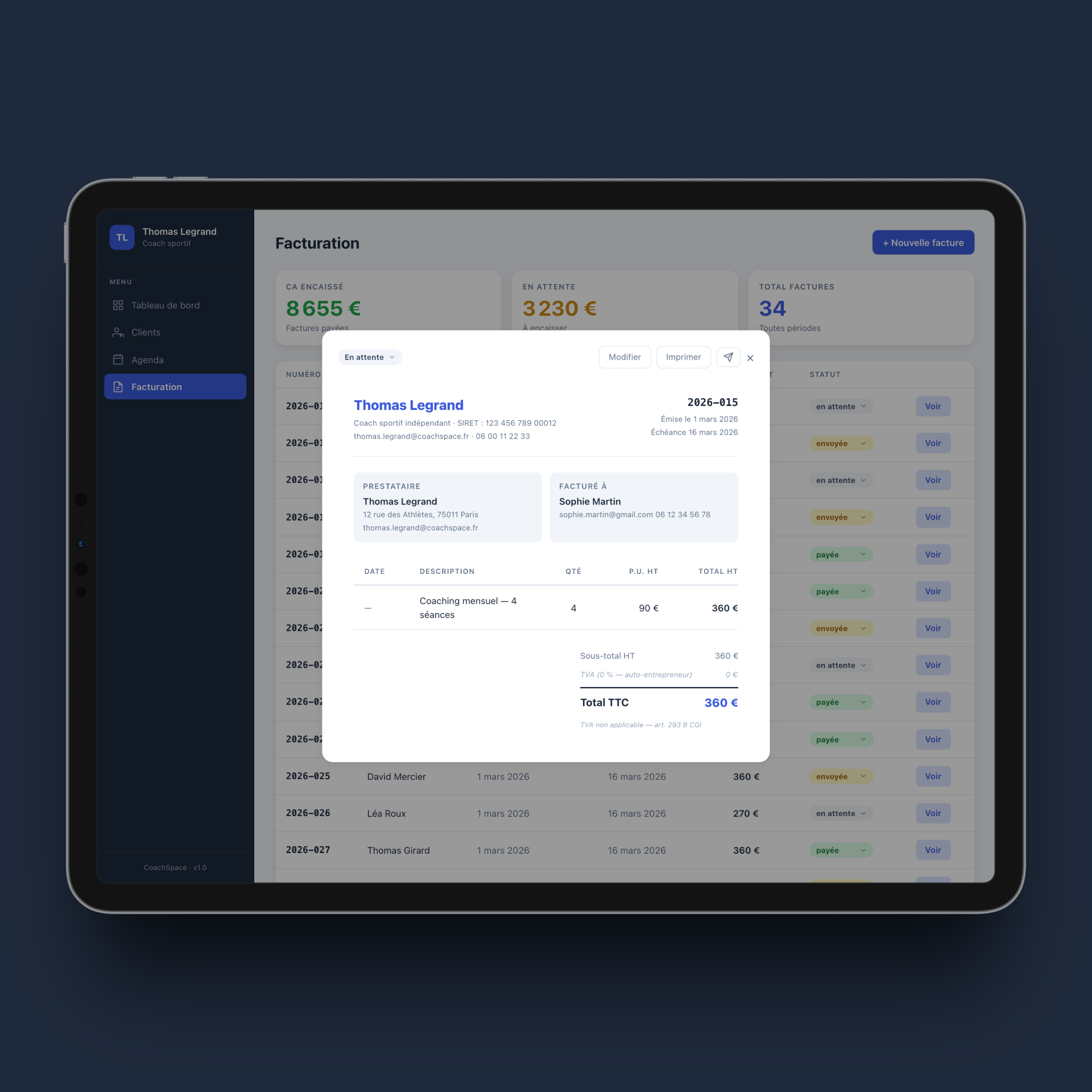 Aperçu du projet Espace de gestion pour un coach sportif